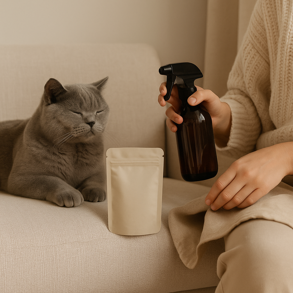 A grey British Shorthair cat resting on a beige sofa while a person sprays room mist beside a beige refill pouch — CocoPaw Room Spray Refills bringing pet-safe, natural freshness to cozy homes.