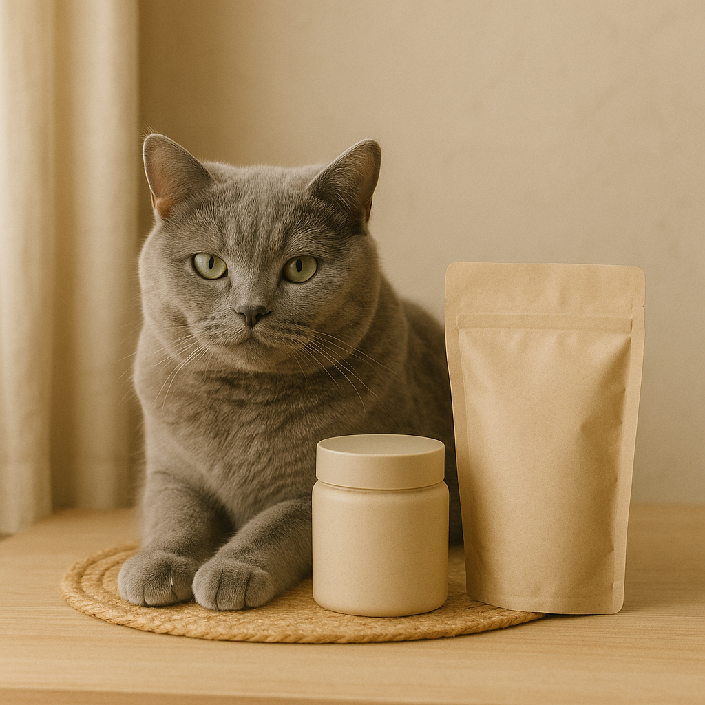 Grey British Shorthair cat beside gentle skincare jar and refill pouch — CocoPaw Sensitive Skin Care Refills providing soothing, hypoallergenic, and sustainable comfort for pets.