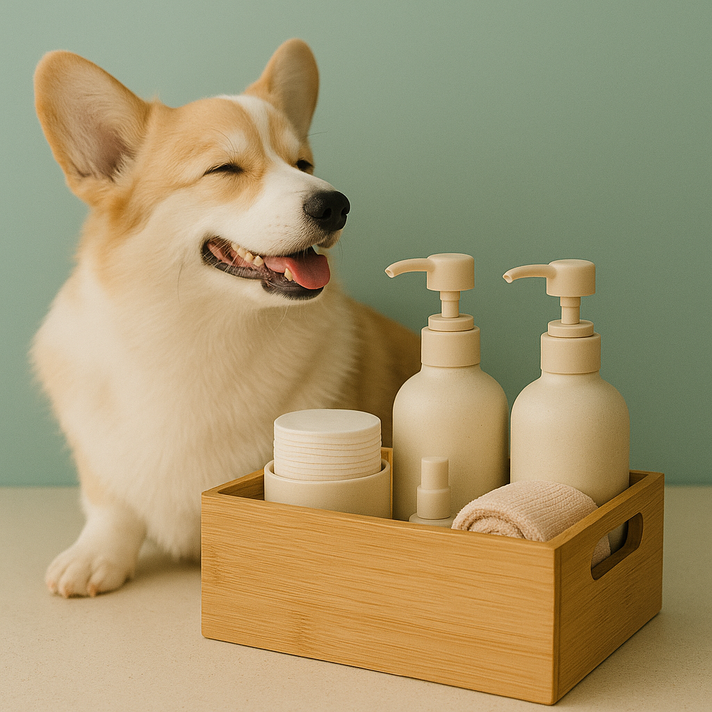 Smiling corgi beside wooden organizer holding refill bottles and wipes — CocoPaw Storage & Organizers for Refills combining eco design and functional pet care elegance.