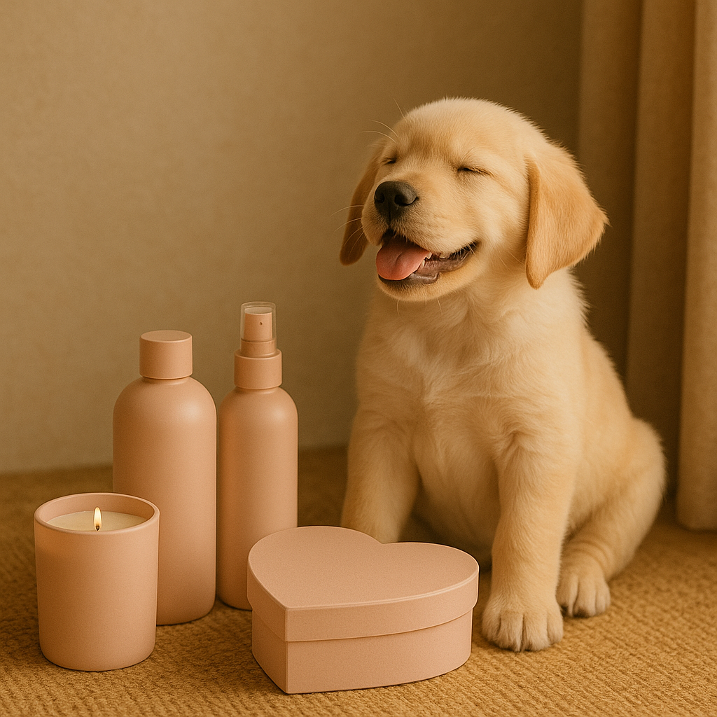 Smiling puppy beside blush-toned candle, bottles, and heart box — CocoPaw Valentine’s Pet Care Sets for loving and sustainable pet pampering.