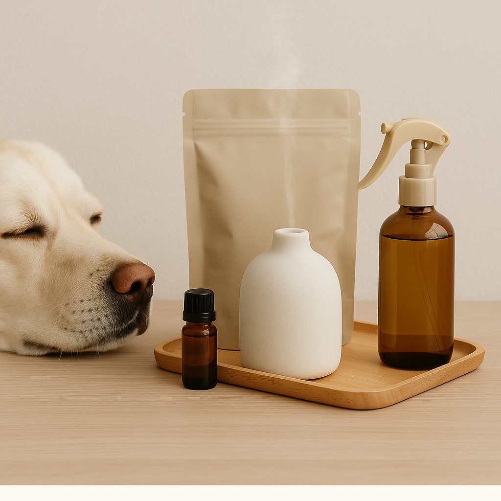 Relaxed Labrador resting beside diffuser, amber bottle, and refill pouch — CocoPaw Aromatherapy Starter Kits offering soothing, eco-friendly pet wellness.