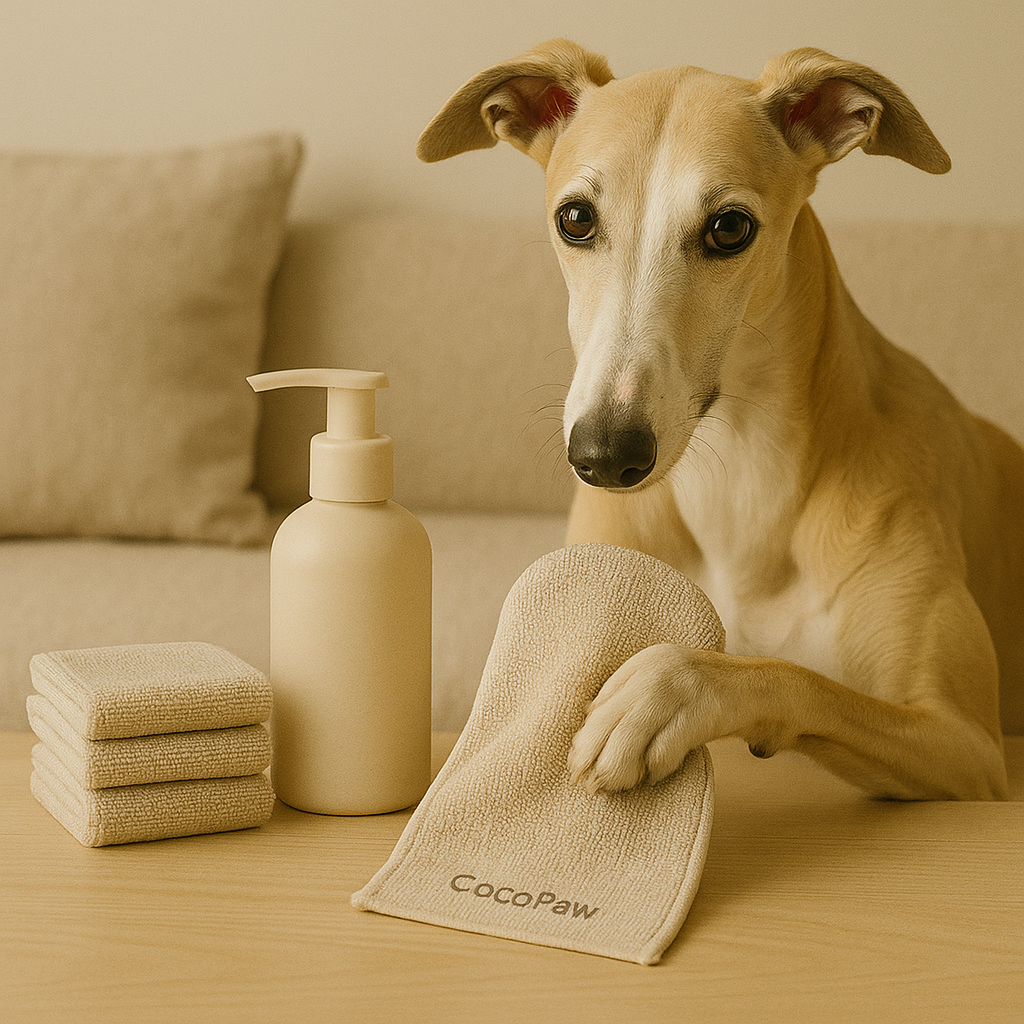 Greyhound dog with paw on beige microfiber cloth beside stacked towels and bottle — CocoPaw Reusable Cleaning Cloths for soft, sustainable, and pet-friendly home care.