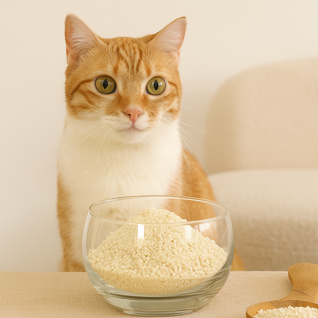 Ginger cat sitting beside a glass bowl filled with pet scent booster granules in a warm, cozy home setting