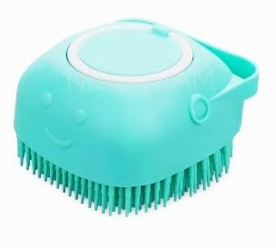 Pet Grooming Bath Brush Puppy Dog Cat with Shampoo Dispenser, Clean Soft Silicone Massage Rubber Bristles, Grooming Tool, 3 colors, Blue, Pink or Yellow (Blue)