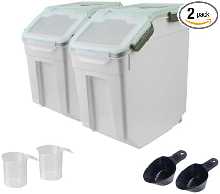 2Pcs Airtight Rice Flour Storage Container 25lbs, Large Pet Food Container Box Plastic Rice Storage Bin with Lid, Grain Cereal Bucket with Spoon Measuring Cup and Wheel (Green)