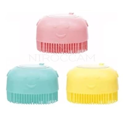 Pet Grooming Bath Brush Puppy Dog Cat with Shampoo Dispenser, Clean Soft Silicone Massage Rubber Bristles, Grooming Tool, 3 colors, Blue, Pink or Yellow (Blue)