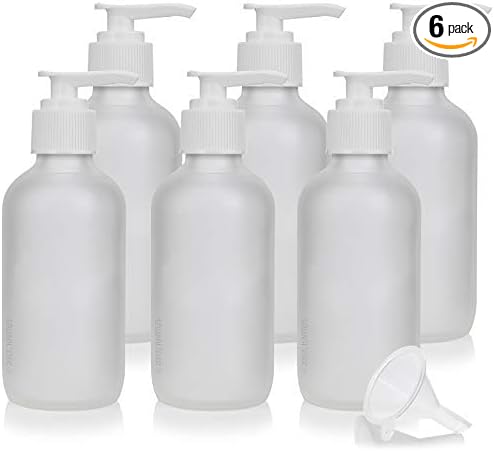 4 oz Frosted Clear Glass Boston Round Bottle with White Lotion Pump (6 Pack) + Funnel