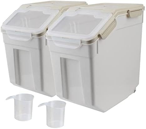 2Pcs Airtight Rice Flour Storage Container 25lbs, Large Pet Food Container Box Plastic Rice Storage Bin with Lid, Grain Cereal Bucket with Spoon Measuring Cup and Wheel (Grey)