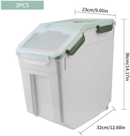 2Pcs Airtight Rice Flour Storage Container 25lbs, Large Pet Food Container Box Plastic Rice Storage Bin with Lid, Grain Cereal Bucket with Spoon Measuring Cup and Wheel (Green)