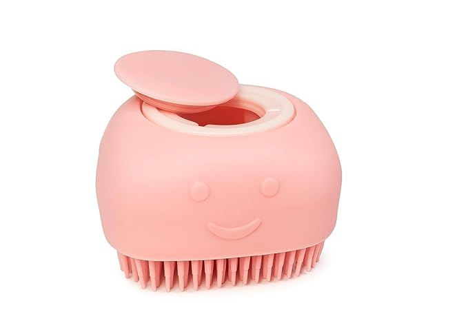 Pet Grooming Bath Brush Puppy Dog Cat with Shampoo Dispenser, Clean Soft Silicone Massage Rubber Bristles, Grooming Tool, 3 colors, Blue, Pink or Yellow (Pink)