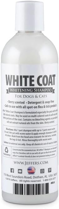 Jeffers White Coat Pet Shampoo for Dogs, Cats, & Small Animals, 17 oz - Soap Free, Concentrated Formula for White & Light Coats, Berry Scented, Safe for All Coat Types, Ideal for Grooming