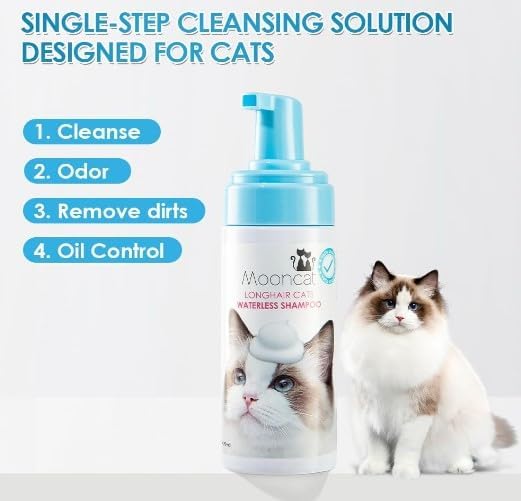 Mooncat Sensitive Cat Grooming Bundle – Waterless Foam Cat Shampoo with Detangling Brush (No Rinse, Licking Safe, Paraben-Free, 5oz) + Cat Ear Cleaner Finger Wipes for Wax Removal & Odor Control (40ct