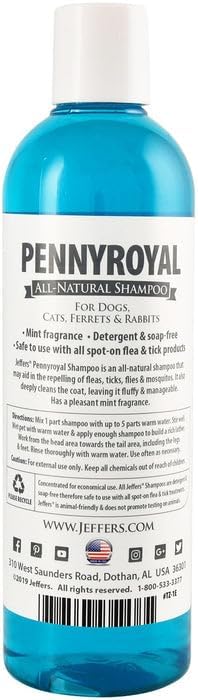 Jeffers Pet Pennyroyal Natural Shampoo for Dogs & Cats, Rabbits & Ferrets - Soap Free & Detergent Free, Fresh Mint Scent, Deep Cleansing & Gentle on Skin, Coat Grooming Care, Made in USA, 17 oz