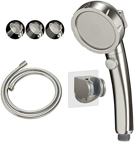 KAIYING Drill-Free High Pressure Handheld Shower Head with ON/OFF Switch, 3 Spray Modes - Brushed Nickel
