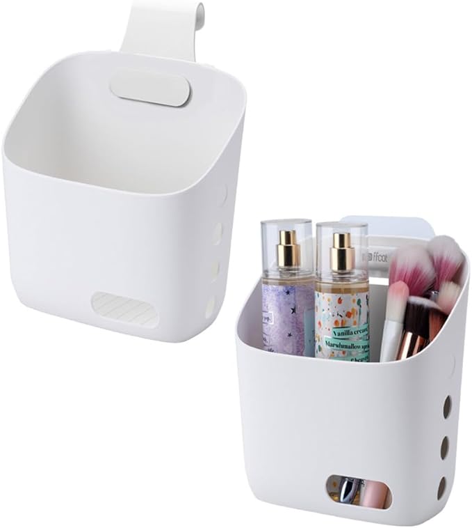 LeleCAT Plastic Hanging Basket Kitchen Storage organizer, Basket with Detachable hook, Hang it behind a door or on a railing, Over the Cabinet Door (Light White, Small) 2pack