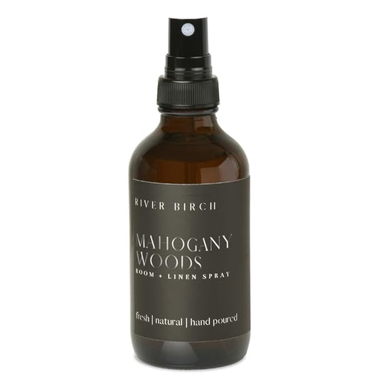 River Birch Mahogany Woods Scented Linen and Room Spray | Home Fragrance | 4 oz Glass Amber Bottle | Luxury Signature Scent | Handmade in Texas