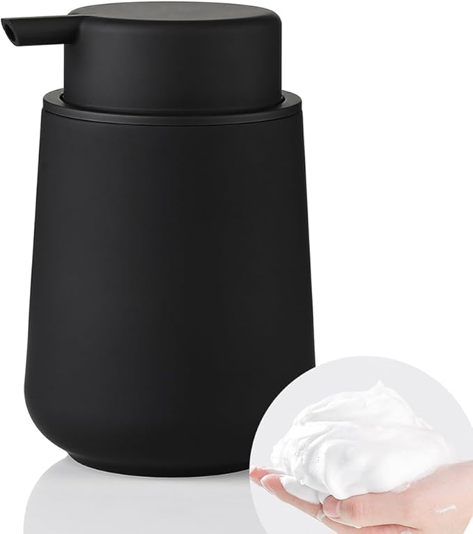 Matte Black Foaming Hand Soap Dispenser Plastic 11 oz - Modern Minimalist Style for Bathroom & Kitchen Countertop Refillable