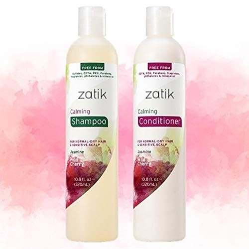 Zatik Naturals - Calming Shampoo + Conditioner Set, with Jasmine and Wild Cherry for Dandruff - Vegan Biodegradable, pH Balanced, FREE FROM EDTA, PEG, Paraben, phthalates, 10.8 oz (One each)