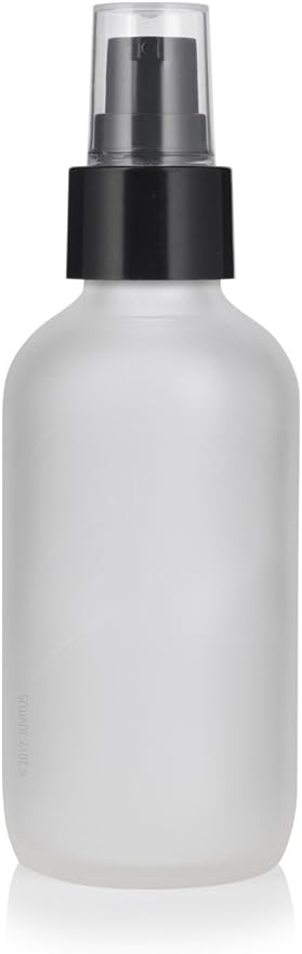 JUVITUS 4 oz Frosted Clear Glass Boston Round Bottle with Black Treatment Pump (6 Pack) + Funnel