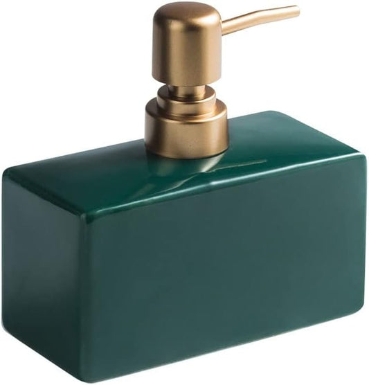 Modern Soap Dispenser with Matte Golden Pump for Bathroom, 13.5 oz Ceramic Rectangle Lotion Dispenser, Refillable Dish Soap Dispenser (Dark Green)