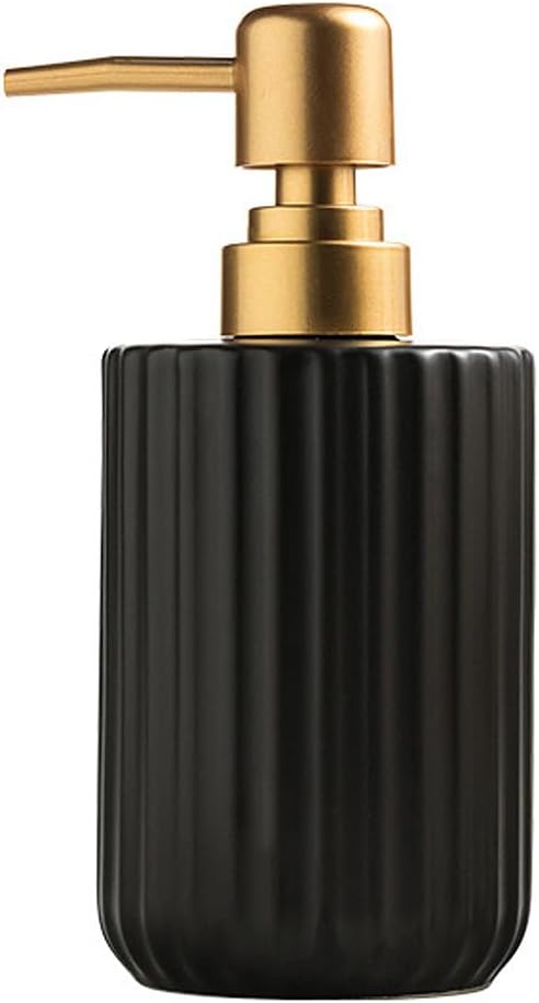 Chic Cylinder-Shaped Soap Dispenser, Vertical Stripe Design with Gold Pump, Ceramic Lotion Dispenser(Black)