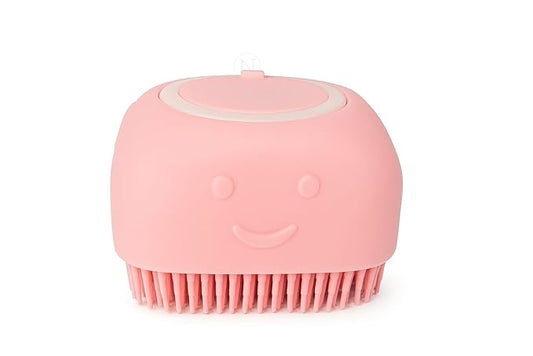 Pet Grooming Bath Brush Puppy Dog Cat with Shampoo Dispenser, Clean Soft Silicone Massage Rubber Bristles, Grooming Tool, 3 colors, Blue, Pink or Yellow (Pink)