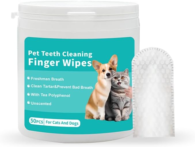 Pet Teeth Cleaning Finger Wipes, Dog Cat Dental Wipes, Unscented, with Tea Polyphenol,No-Rinse Dog Finger Toothbrush, Clean Tartar & Prevent Bad Breath, 50pcs