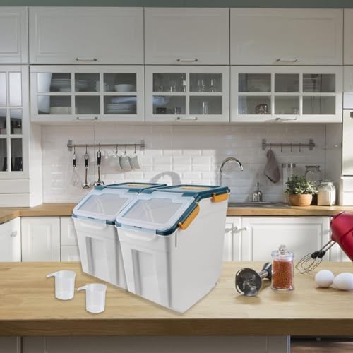 2Pcs Airtight Rice Flour Storage Container 25lbs, Large Pet Food Container Box Plastic Rice Storage Bin with Lid, Grain Cereal Bucket with Spoon Measuring Cup and Wheel (Blue)