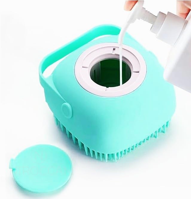 Pet Grooming Bath Brush Puppy Dog Cat with Shampoo Dispenser, Clean Soft Silicone Massage Rubber Bristles, Grooming Tool, 3 colors, Blue, Pink or Yellow (Blue)