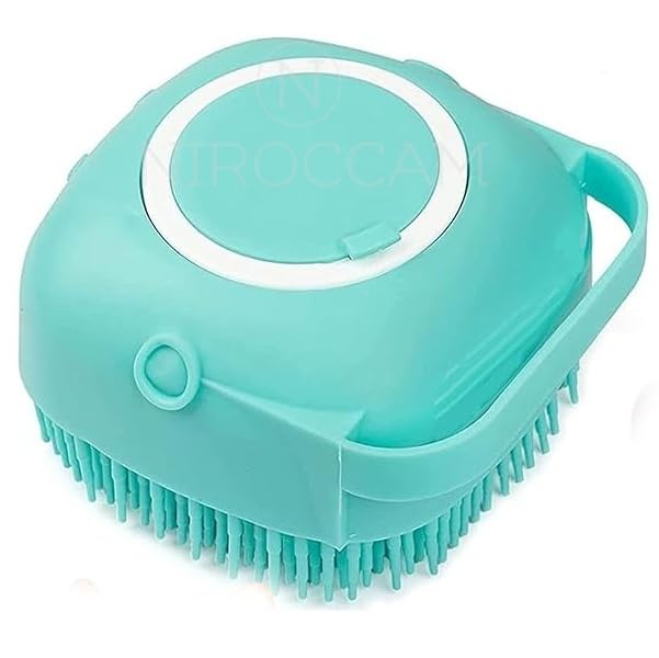 Pet Grooming Bath Brush Puppy Dog Cat with Shampoo Dispenser, Clean Soft Silicone Massage Rubber Bristles, Grooming Tool, 3 colors, Blue, Pink or Yellow (Blue)
