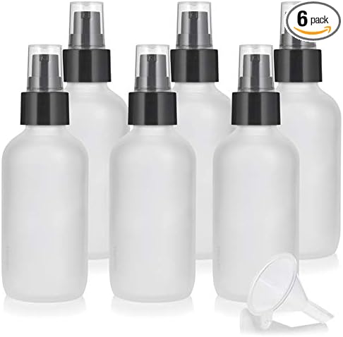 JUVITUS 4 oz Frosted Clear Glass Boston Round Bottle with Black Treatment Pump (6 Pack) + Funnel