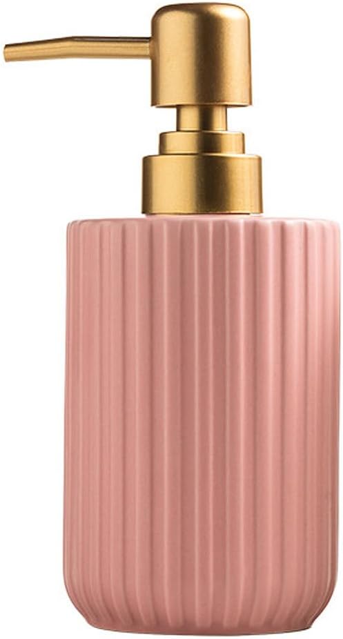Chic Cylinder-Shaped Soap Dispenser, Vertical Stripe Design with Gold Pump, Ceramic Lotion Dispenser(Pink)