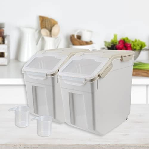 2Pcs Airtight Rice Flour Storage Container 25lbs, Large Pet Food Container Box Plastic Rice Storage Bin with Lid, Grain Cereal Bucket with Spoon Measuring Cup and Wheel (Grey)