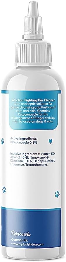 Replenish Otic Ear Cleaning Solution for Dogs – Antiseptic Ear Cleaner for Dogs & Cats – Advanced Ear Flush for Yeast Treatment and Odor Control – 8 oz