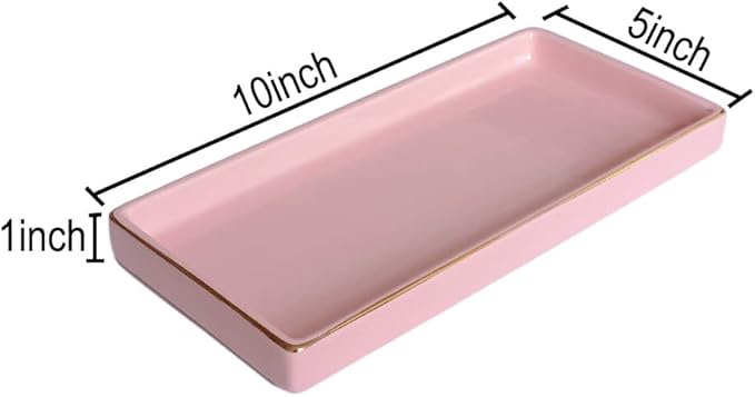 10 x 5 Ceramic Bathroom Tray for Countertop, Decorative Vanity Tray for Dresser Tops, Small Rectangular Trays for Perfume, Candle, Jewelry, Cosmetics (Pink)