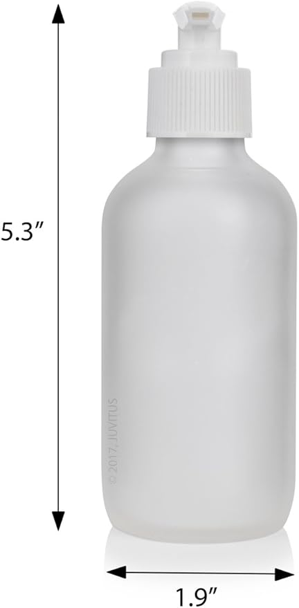 4 oz Frosted Clear Glass Boston Round Bottle with White Lotion Pump (6 Pack) + Funnel