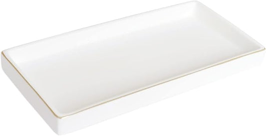 10 x 5 Ceramic Bathroom Tray for Countertop, Decorative Vanity Tray for Dresser Tops, Small Rectangular Trays for Perfume, Candle, Jewelry, Cosmetics (White)