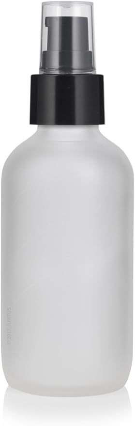 JUVITUS 4 oz Frosted Clear Glass Boston Round Bottle with Black Treatment Pump (6 Pack) + Funnel