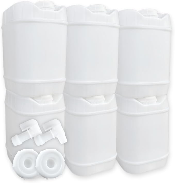 5-Gallon Stackable Water Storage Containers, 5 Gallon Tanks w/8 Lids + 2 Spigots, Easy Fill, Survial Supply Emergency Water Storage for Camping and Disaster Preparedness, RV, 6 Tank, (30 Gallon)