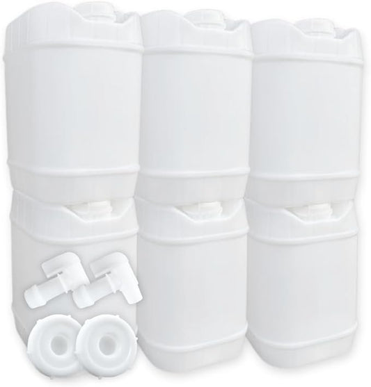 5-Gallon Stackable Water Storage Containers, 5 Gallon Tanks w/8 Lids + 2 Spigots, Easy Fill, Survial Supply Emergency Water Storage for Camping and Disaster Preparedness, RV, 6 Tank, (30 Gallon)