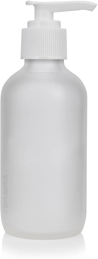 4 oz Frosted Clear Glass Boston Round Bottle with White Lotion Pump (6 Pack) + Funnel