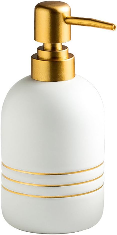 Elegant Cylinder-Shaped Soap Dispenser, Matte Ceramic Bottle Designed with Simple Golden Lines(White)