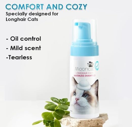 Mooncat Sensitive Cat Grooming Bundle – Waterless Foam Cat Shampoo with Detangling Brush (No Rinse, Licking Safe, Paraben-Free, 5oz) + Cat Ear Cleaner Finger Wipes for Wax Removal & Odor Control (40ct