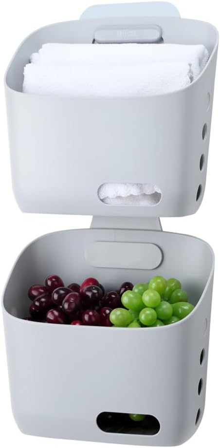 Plastic Hanging Basket Kitchen Storage organizer, Basket with Detachable hook, Hang it behind a door or on a railing, Over the Cabinet Door (Light Gray, Large)2pack