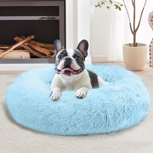 JOLLYVOGUE Small Dog & Cat Beds for Indoor Cats, Donut Cuddler Warming Soft Dog Beds with Anti-Slip Bottom, Round Calming Fluffy Plush Faux Fur Cushion Bed for Small Dogs (23", Light Blue)