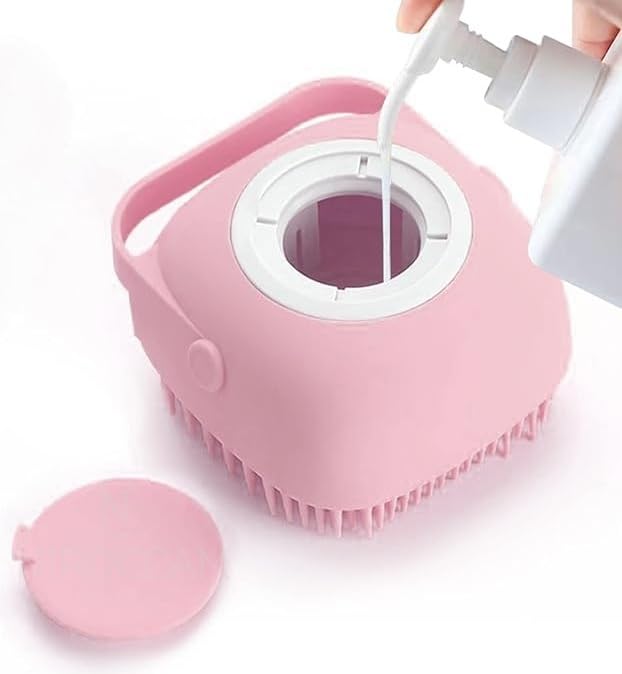 Pet Grooming Bath Brush Puppy Dog Cat with Shampoo Dispenser, Clean Soft Silicone Massage Rubber Bristles, Grooming Tool, 3 colors, Blue, Pink or Yellow (Pink)