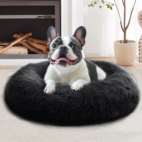 JOLLYVOGUE Small Dog & Cat Beds for Indoor Cats, Donut Cuddler Warming Soft Dog Beds with Anti-Slip Bottom, Round Calming Fluffy Plush Faux Fur Cushion Bed for Large Dogs (36", Black)