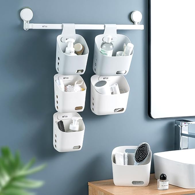 LeleCAT Plastic Hanging Basket Kitchen Storage organizer, Basket with Detachable hook, Hang it behind a door or on a railing, Over the Cabinet Door (White, Large-2 Pack)