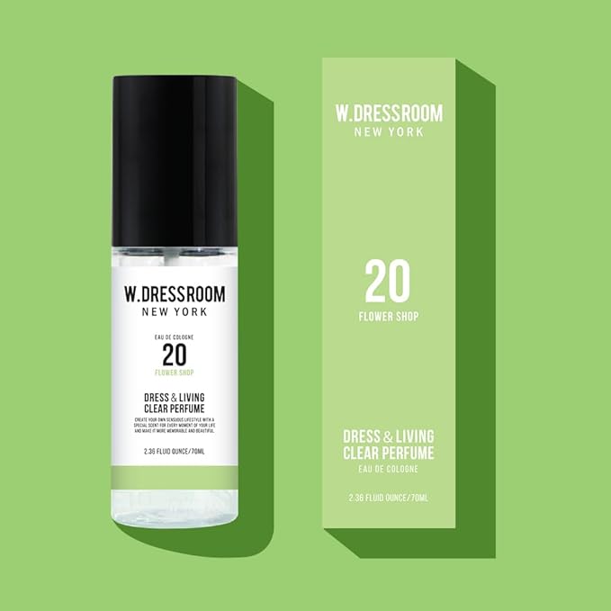 W.Dressroom No.20 Flower Shop Living Clear Perfume, Body Mist & Fabric Spray Deodorizer, Alcohol-Free Water-Based, Odor Neutralizer for Clothes, Bedding & Room, Travel Size 2.36 oz