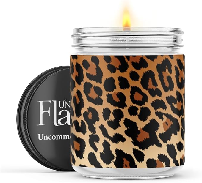 100% Handmade Non-toxic Soy Wax Candle, Masculine Musky Scent, 120hr Burn, Soot Free, Cotton Wick, 16 oz - Fun Animal Print, Cheetah Design (Leopard Print, Black Ice)